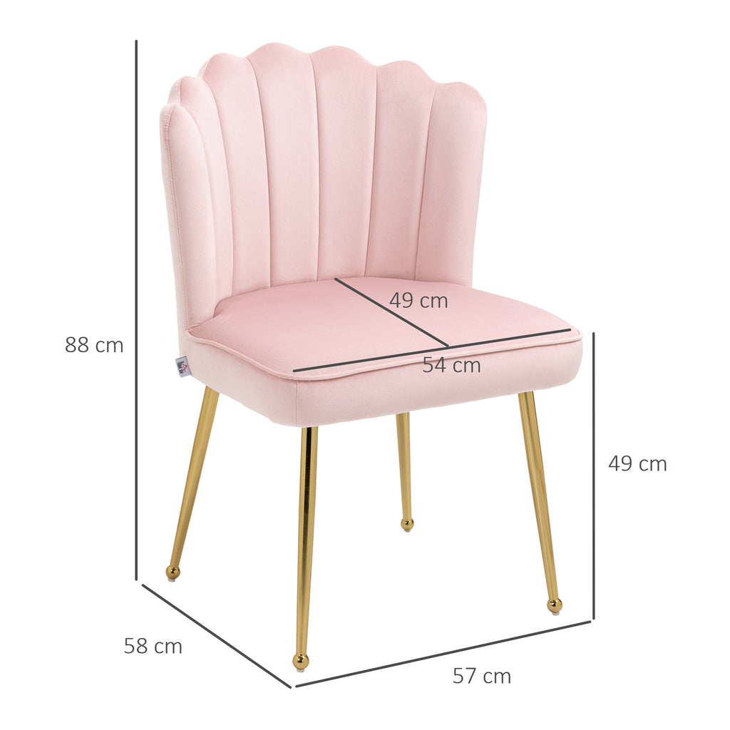 HOMCOM Shell Dining Chairs Set of 2, Upholstered Kitchen Chairs with Gold Metal Legs and Backrest, Velvet Fabric Lounge Leisure Chairs for Living Room, Reception Room, Pink