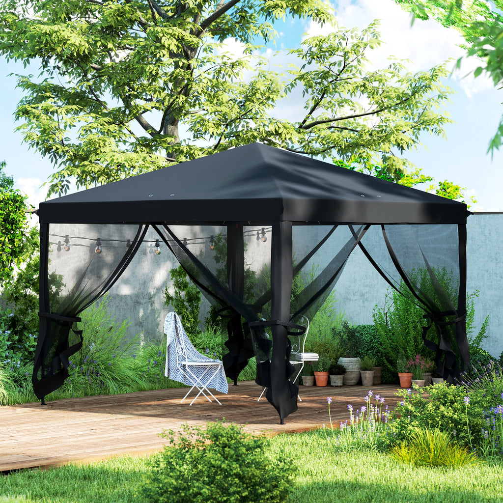 Outsunny 3 x 3 m Pop Up Gazebo, 420D Garden Tent Canopy with Removable Mesh Sidewall Netting, Carry Bag for Garden Patio Outdoor, Black