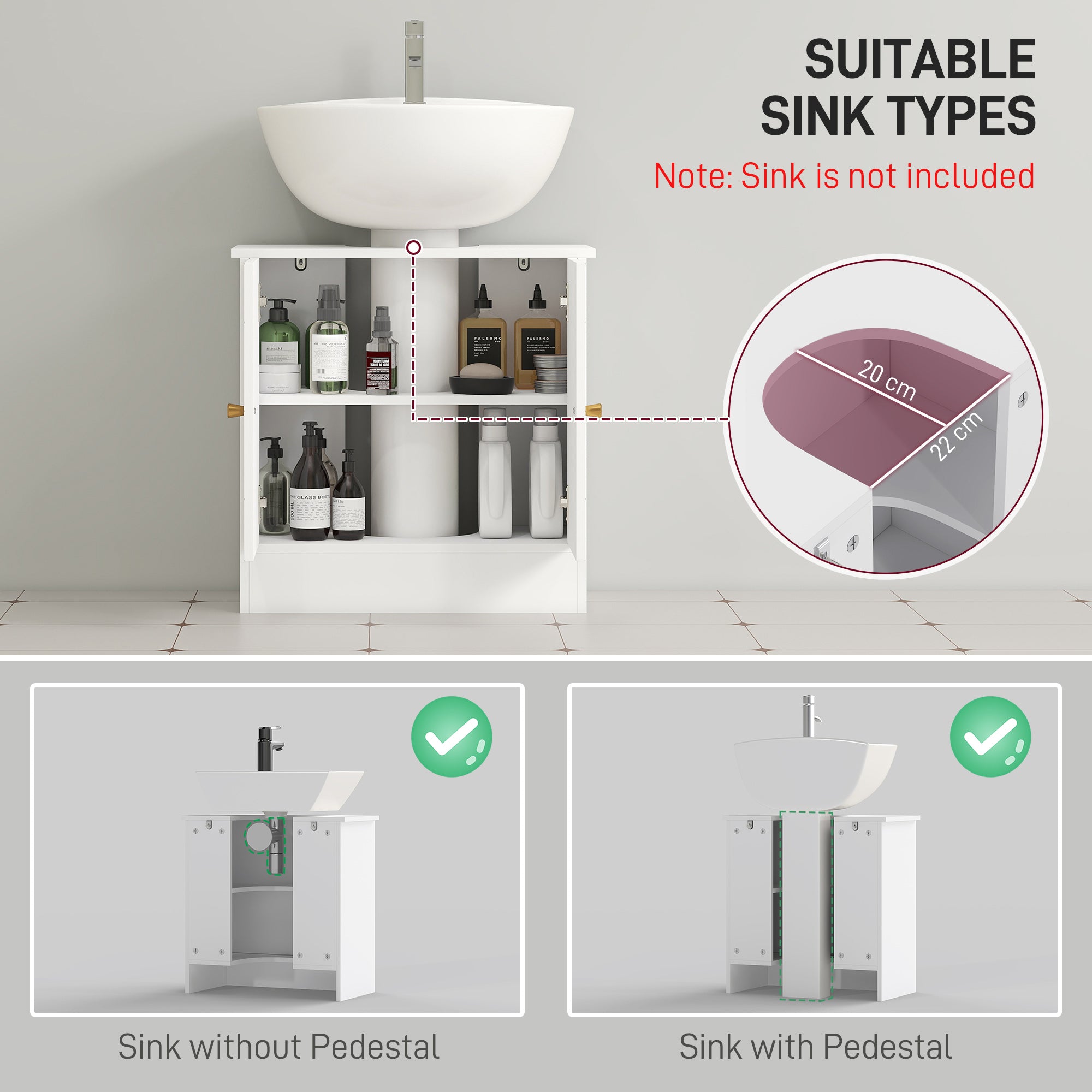 HOMCOM Under Sink Bathroom Cabinet, Under Sink Cabinet with Adjustable Shelf and Open Compartment for Basin with or without Pedestal, 60 x 30 x 60cm, White