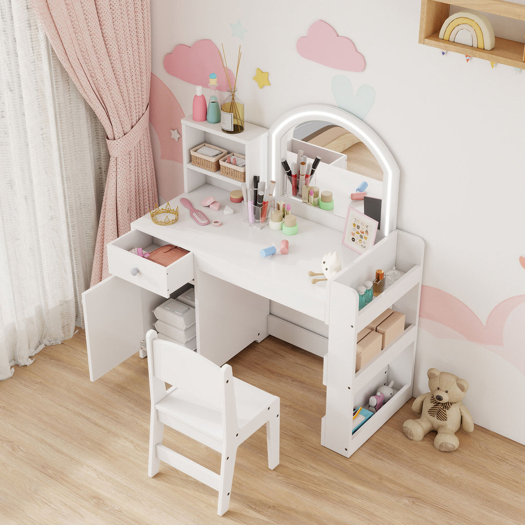 AIYAPLAY Kids Vanity Table and Chair Set, Girls Dressing Table with 2-Colour LED Mirror, Stool, Cabinet, Drawer, Shelves, White