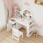 AIYAPLAY Kids Vanity Table and Chair Set, Girls Dressing Table with 2-Colour LED Mirror, Stool, Cabinet, Drawer, Shelves, White