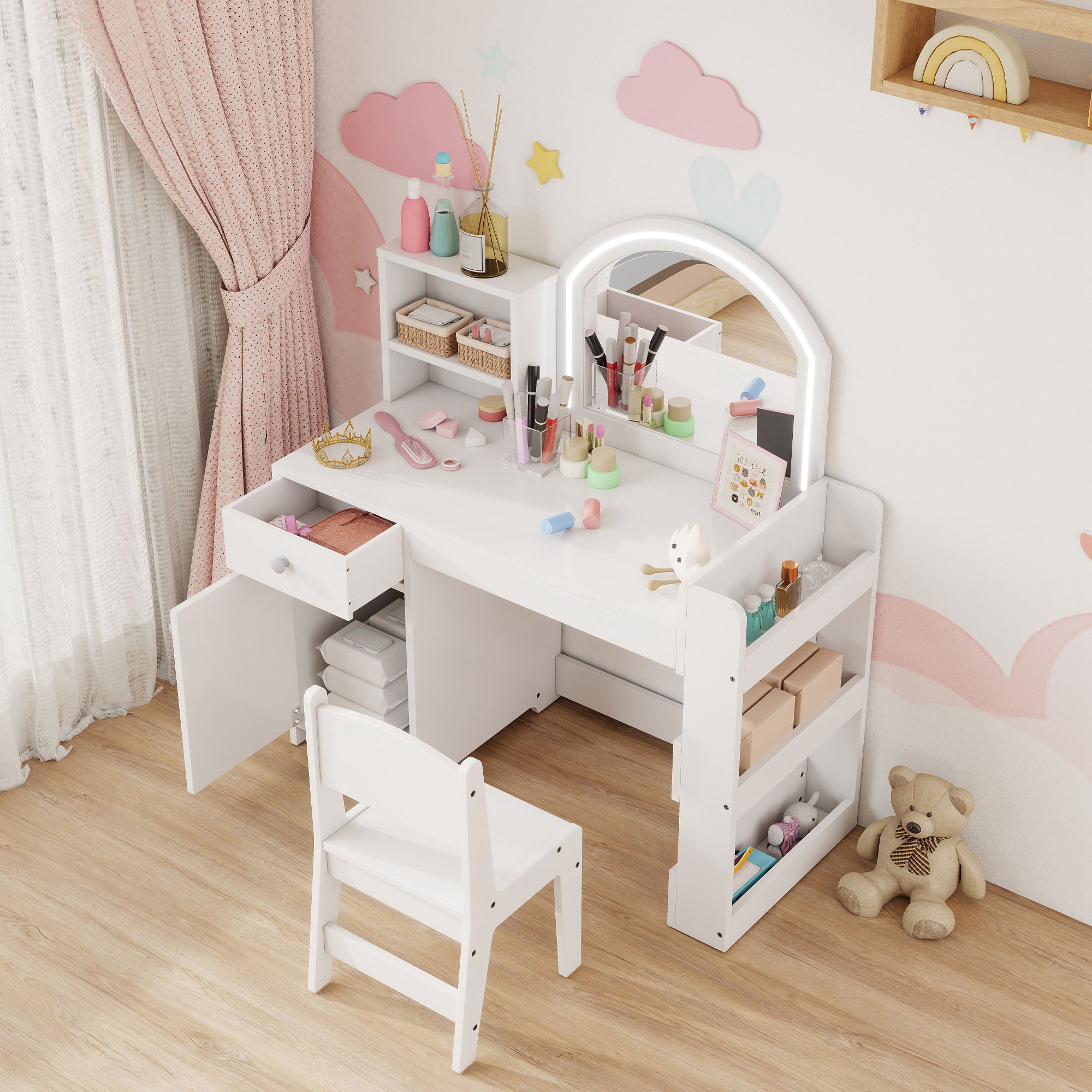 AIYAPLAY Kids Vanity Table and Chair Set, Girls Dressing Table with 2-Colour LED Mirror, Stool, Cabinet, Drawer, Shelves, White