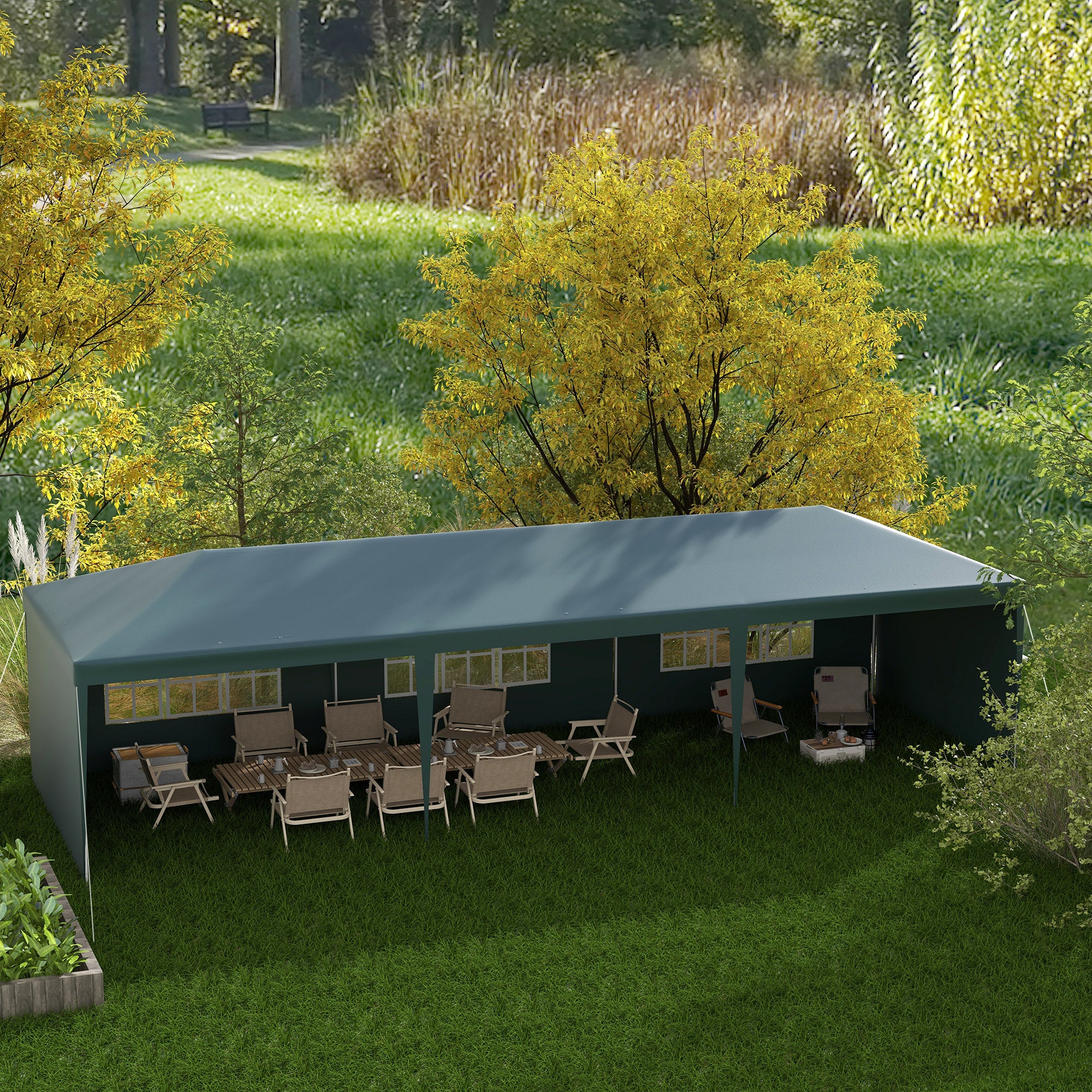 Outsunny 9 x 3 m Party Tent Gazebo Marquee Outdoor Patio Canopy Shelter with Windows and Side Panels Green