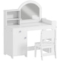 AIYAPLAY Kids Vanity Table and Chair Set, Girls Dressing Table with 2-Colour LED Mirror, Stool, Cabinet, Drawer, Shelves, White