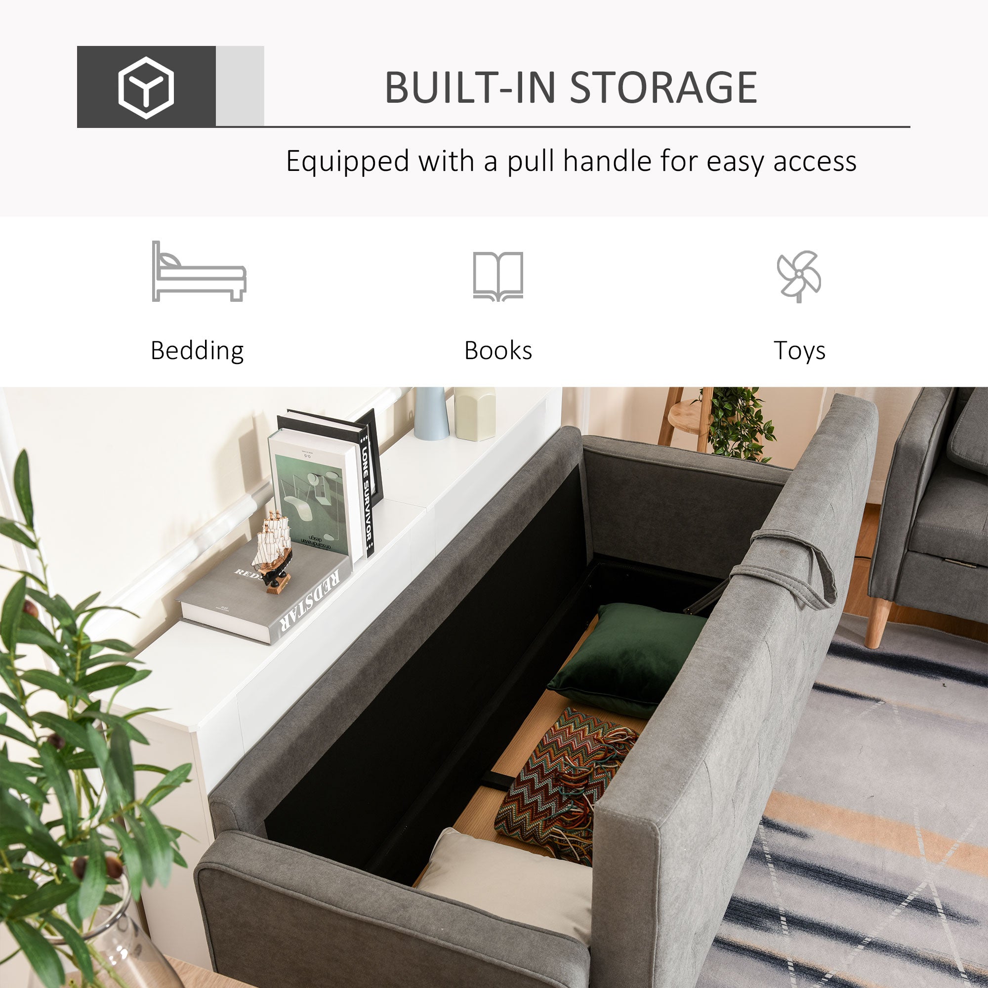 HOMCOM 3 Seater Storage Sofa, Fabric Couch with Hidden Under Seat Storage, Thick Cushions, Compact Space Saving Settee with Rubberwood Legs for Living Room, Apartment, Grey