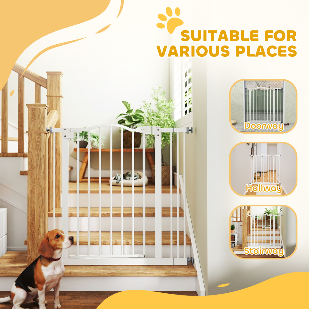 PawHut Metal 74-87cm Adjustable Pet Gate Safety Barrier w/ Auto-Close Door White