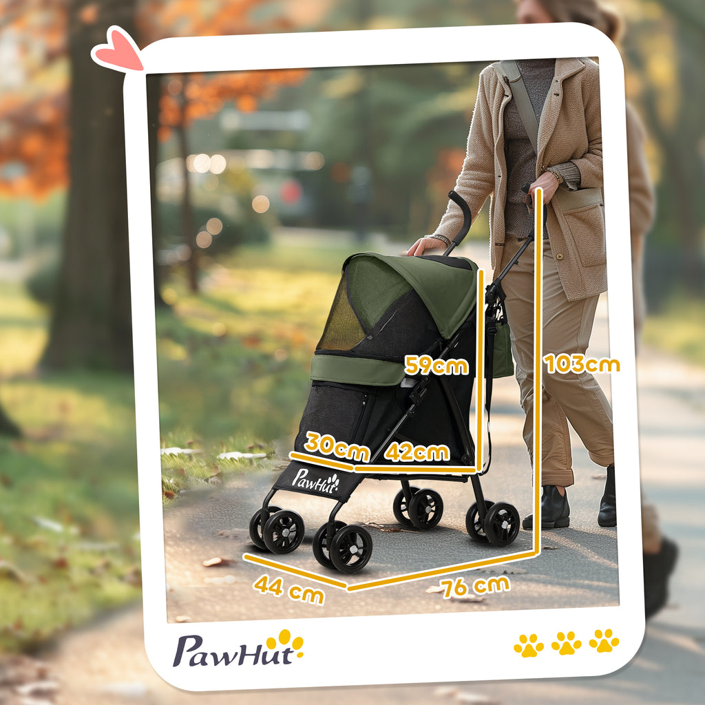 PawHut Foldable Dog Stroller, Lightweight Dog Pram w/ Shoulder Strap, Storage Bag, Cup Holder, Dark Green