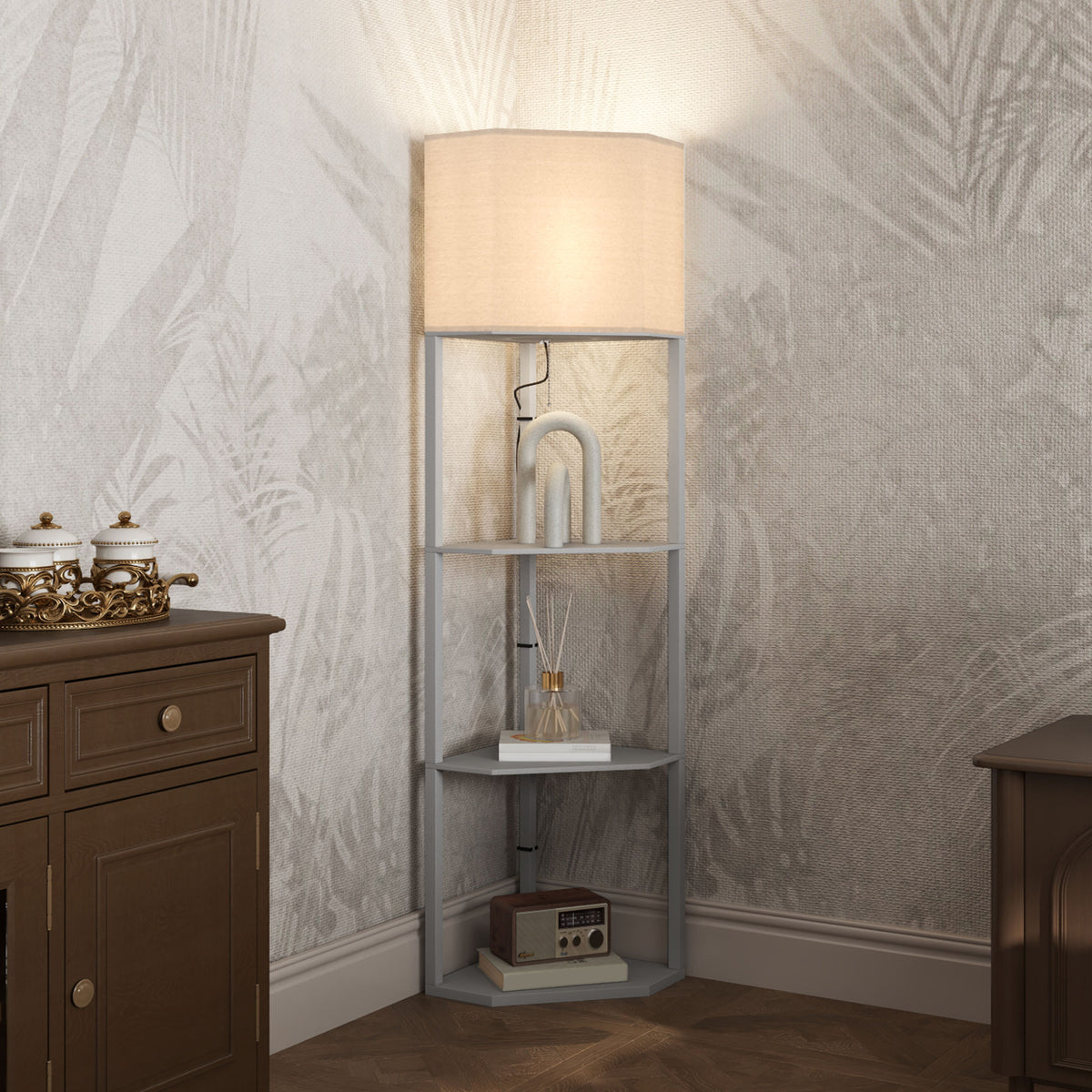 Corner Floor Lamp with Shelves, Tall Standing Lamps for Living Room, with Pull Chain Switch Bulb not Included, Grey