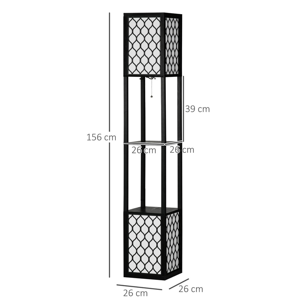 Floor Lamp with Shelves, Modern Tall Standing Lamps with Fabric Lampshade, Chain Switch and Dual Light for Living Room, Bedroom, Bulb not Included, Black