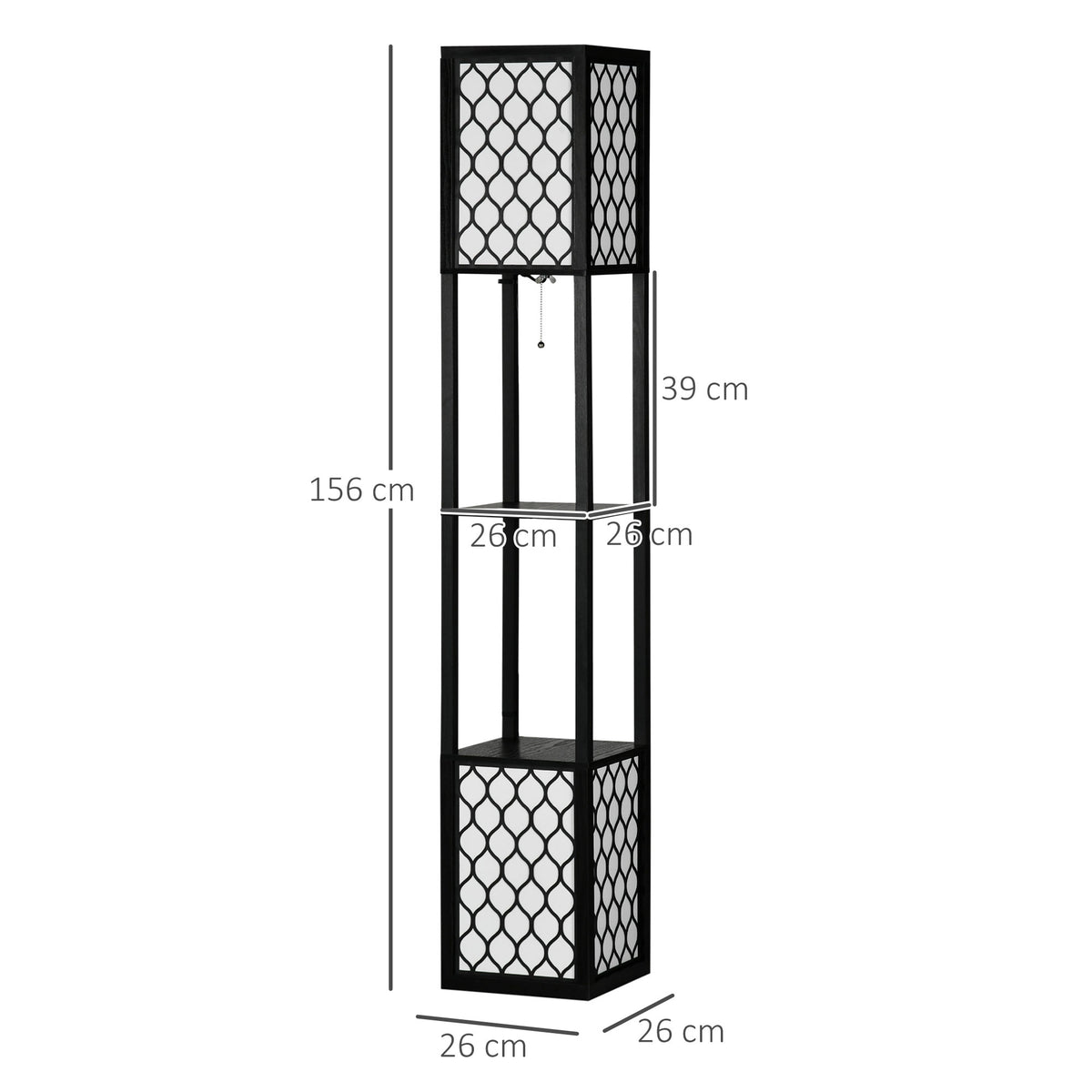 Floor Lamp with Shelves, Modern Tall Standing Lamps with Fabric Lampshade, Chain Switch and Dual Light for Living Room, Bedroom, Bulb not Included, Black