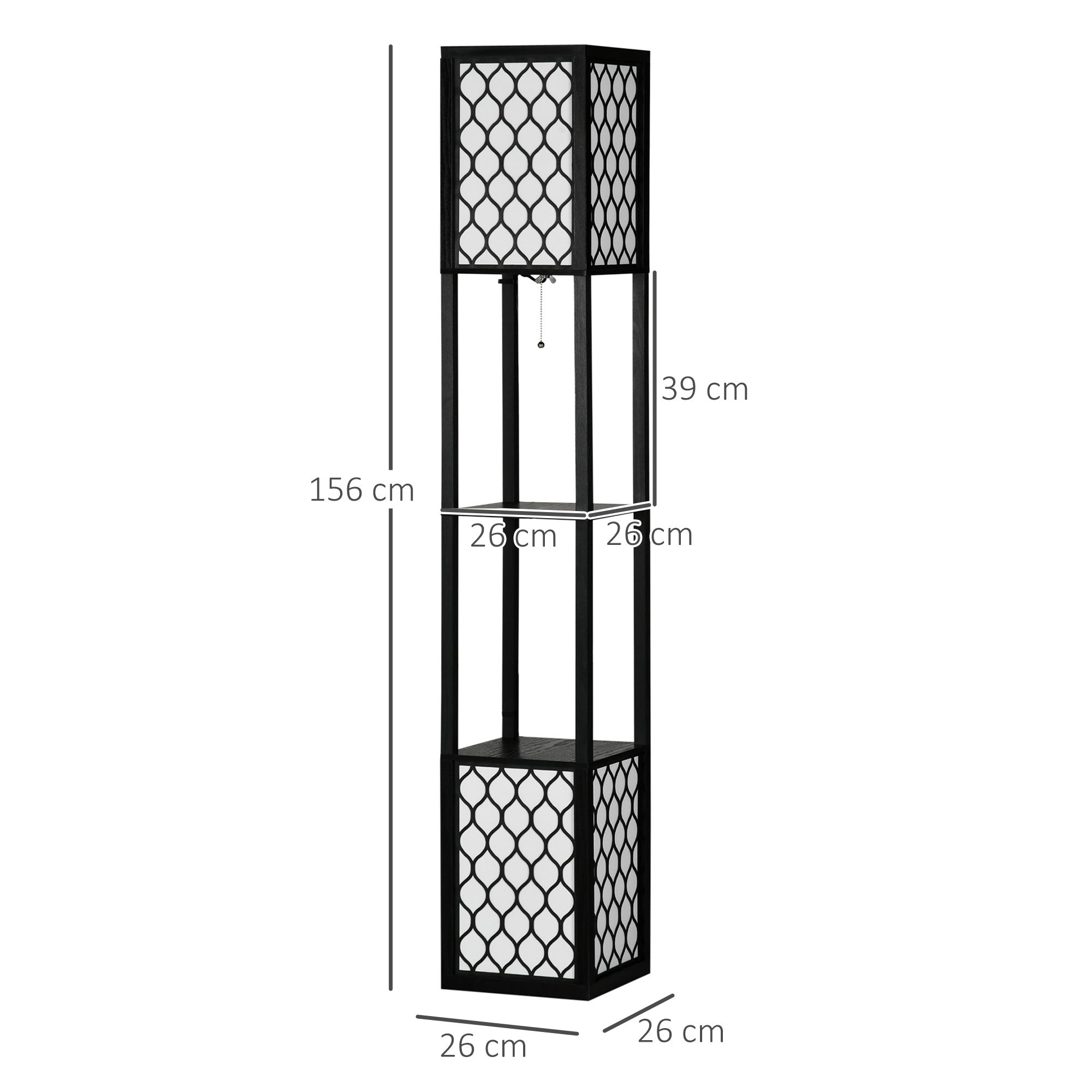 Floor Lamp with Shelves, Modern Tall Standing Lamps with Fabric Lampshade, Chain Switch and Dual Light for Living Room, Bedroom, Bulb not Included, Black