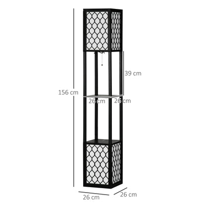 Floor Lamp with Shelves, Modern Tall Standing Lamps with Fabric Lampshade, Chain Switch and Dual Light for Living Room, Bedroom, Bulb not Included, Black