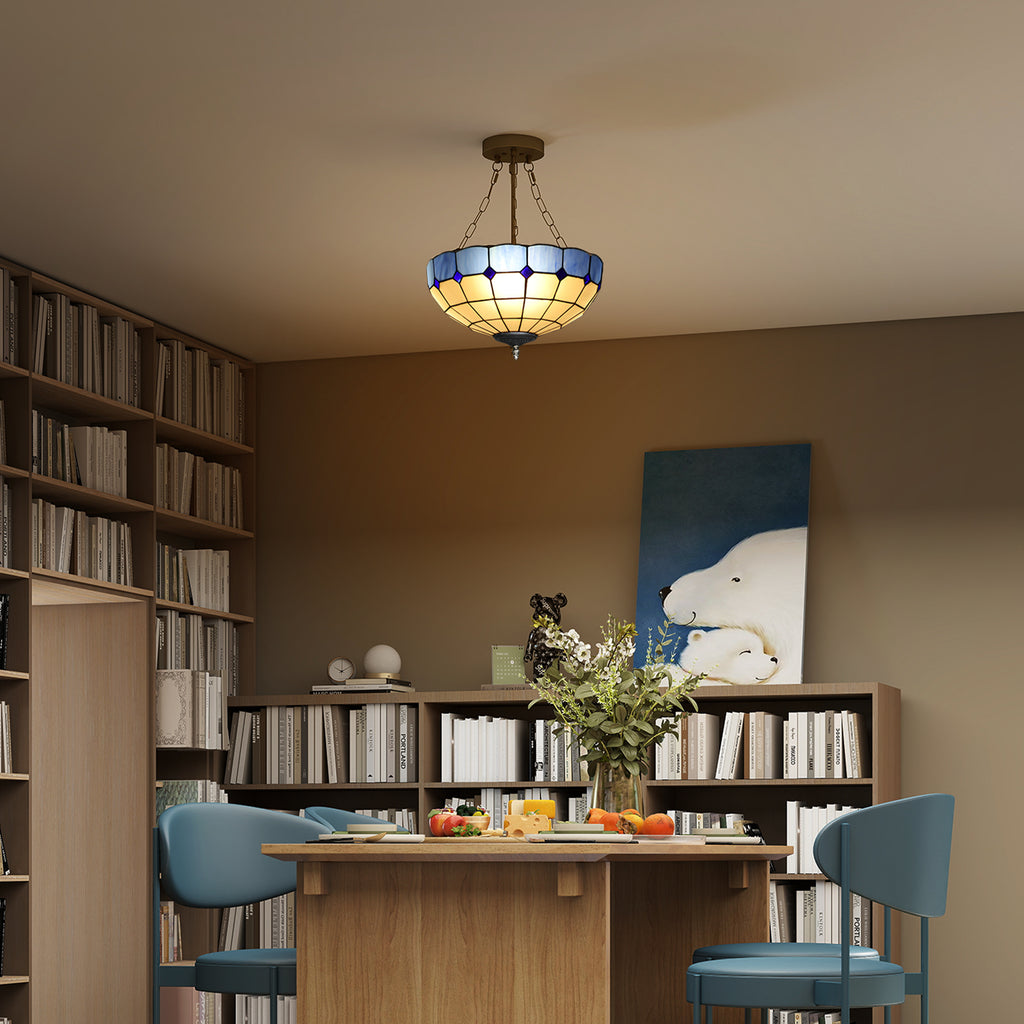 Tiffany Style Ceiling Light, Vintage Chandelier with 3 E27 Sockets, Semi Flush Mount for Living Room, Bulbs Not Included