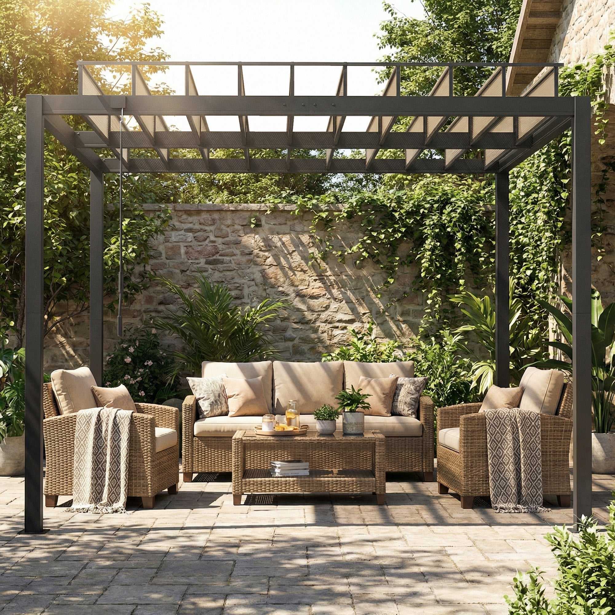 Outsunny 3 x 3 m Louvered Pergola with PC Roof, Aluminium Patio Gazebo Pergola Canopy with Drainage Gutters, Handle, Coffee