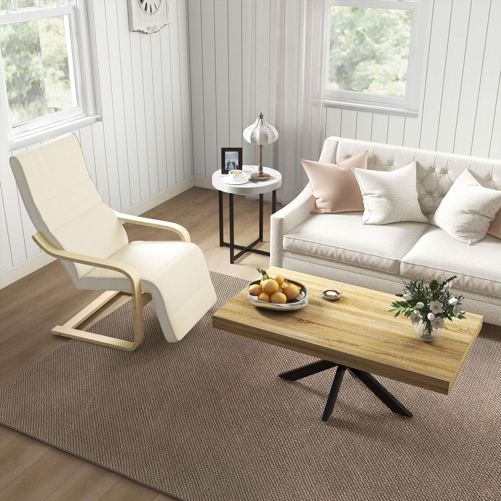 HOMCOM Wooden Armchair, Upholstered Linen Lounge Chair with Adjustable Footrest & Removable Cushion, Poang Chair for Living Room, Cream White