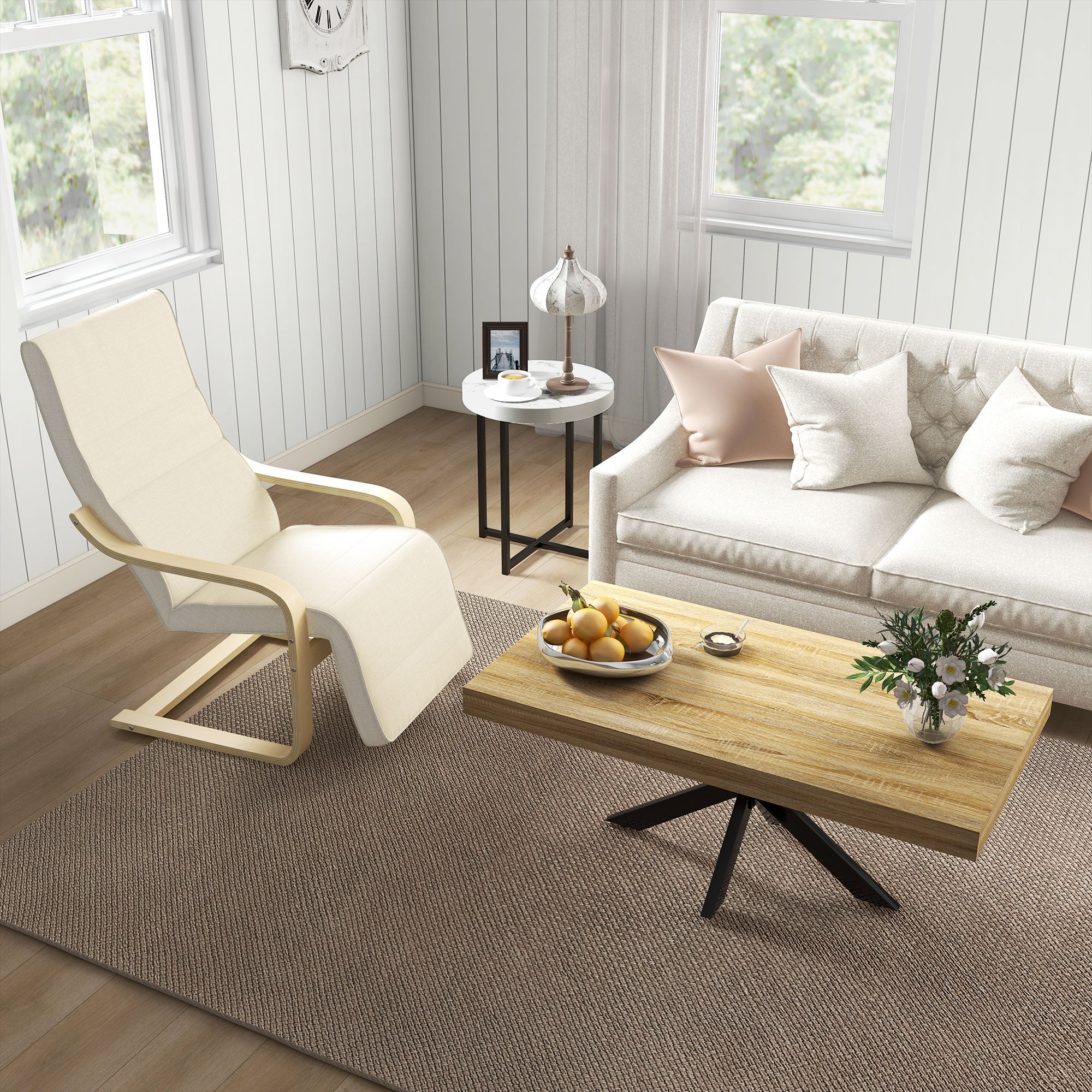 HOMCOM Wooden Armchair, Upholstered Linen Lounge Chair with Adjustable Footrest & Removable Cushion, Poang Chair for Living Room, Cream White