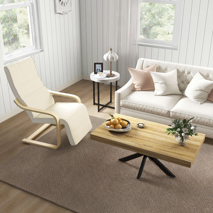 Wooden Armchair, Upholstered Linen Lounge Chair with Adjustable Footrest & Removable Cushion, Poang Chair for Living Room, Cream White