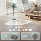 20dB Silent Standing Fan, 70°+90° Auto Oscillating Fan with 12 Speeds, LED Light, Air Circulator, Remote Control, 12H Timer, for Bedroom, 46 Inch, Grey