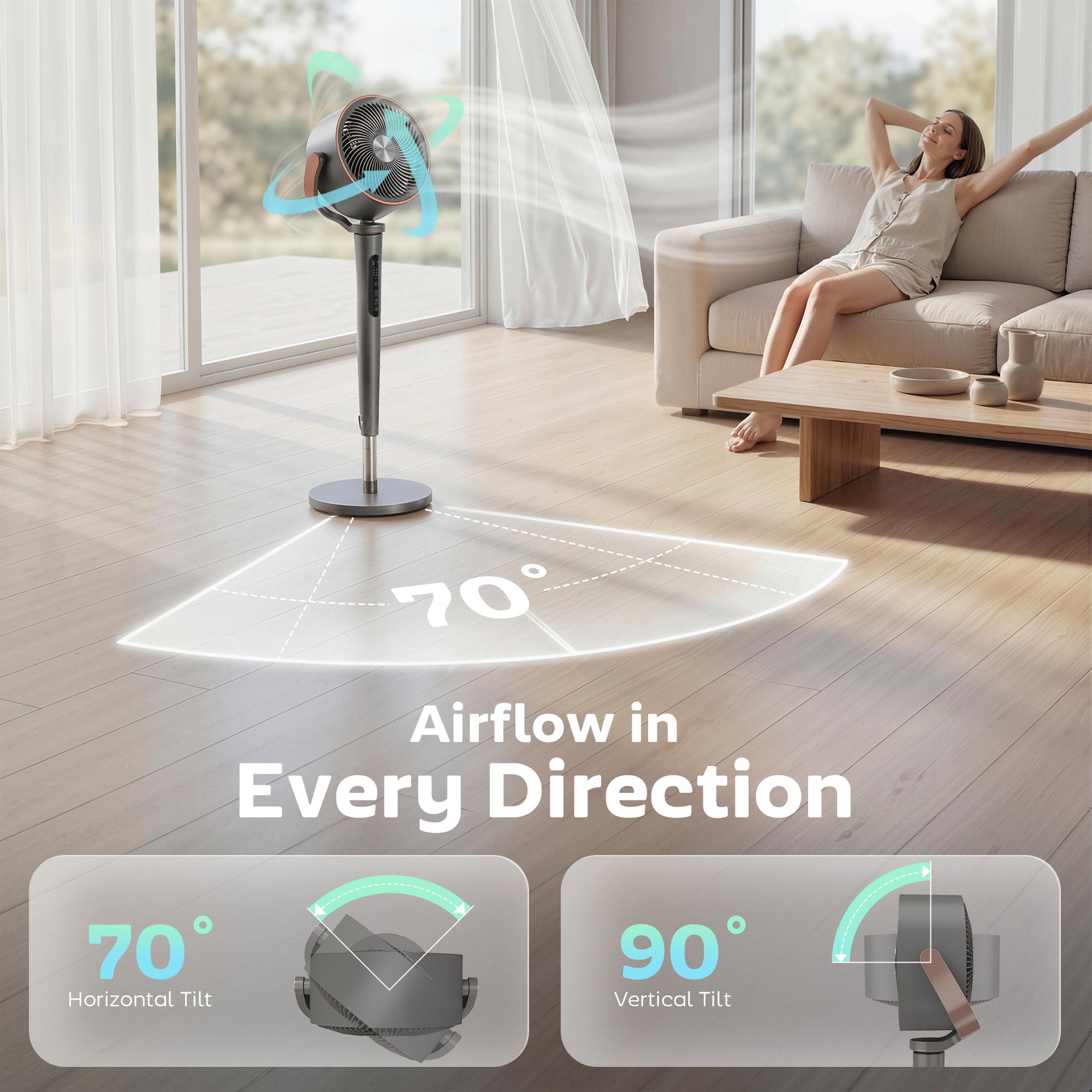 20dB Silent Standing Fan, 70°+90° Auto Oscillating Fan with 12 Speeds, LED Light, Air Circulator, Remote Control, 12H Timer, for Bedroom, 46 Inch, Grey