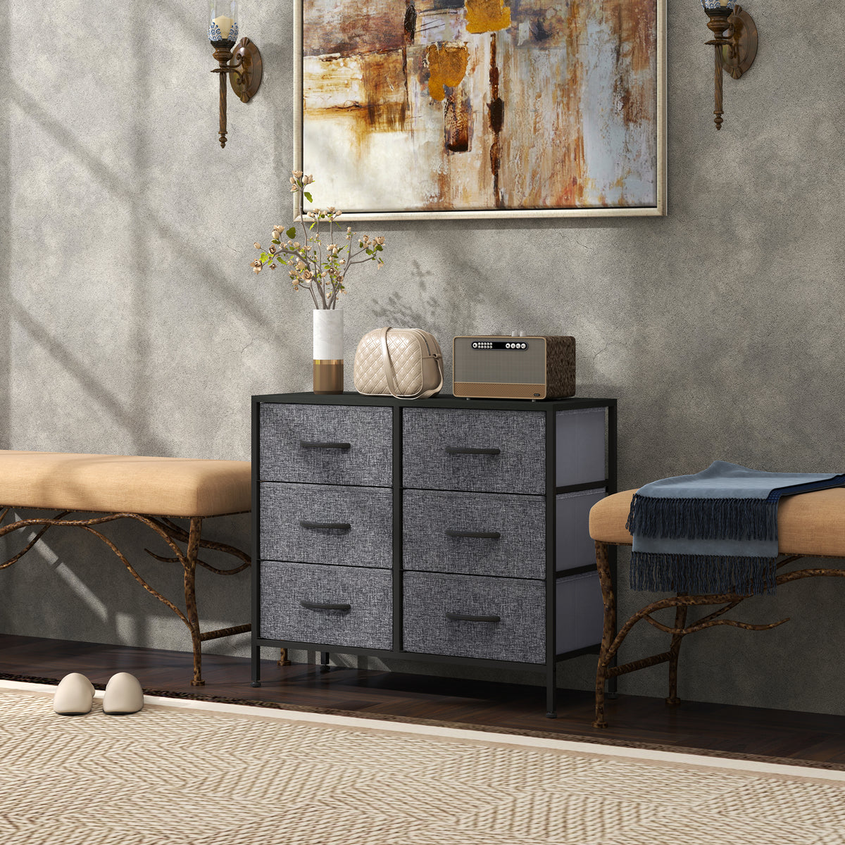 Fabric Chest of Drawers, Industrial Bedroom Dresser with 6 Fabric Drawers, Steel Frame and Wooden Top for Nursery, Living Room, Hallway, Black