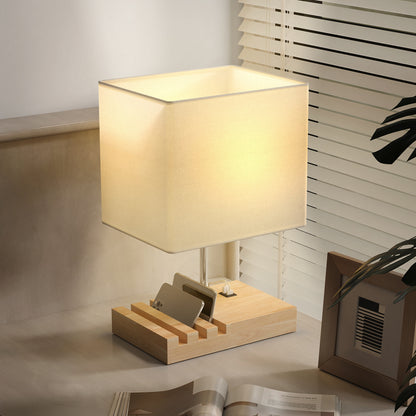 Bedside Lamp with USB A+C Charging Ports and 3 Phone Stands, Modern Table Lamp with Solid Wood Base and Fabric Shade for Bedroom Living Room Office, E27 Socket, Bulb Not Included, White