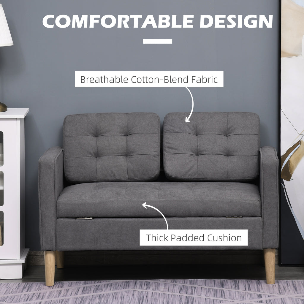 HOMCOM 2 Seater Storage Sofa, Fabric Couch with Hidden Under Seat Storage, Thick Cushions, Compact Space Saving Settee with Rubberwood Legs for Living Room, Apartment, Grey