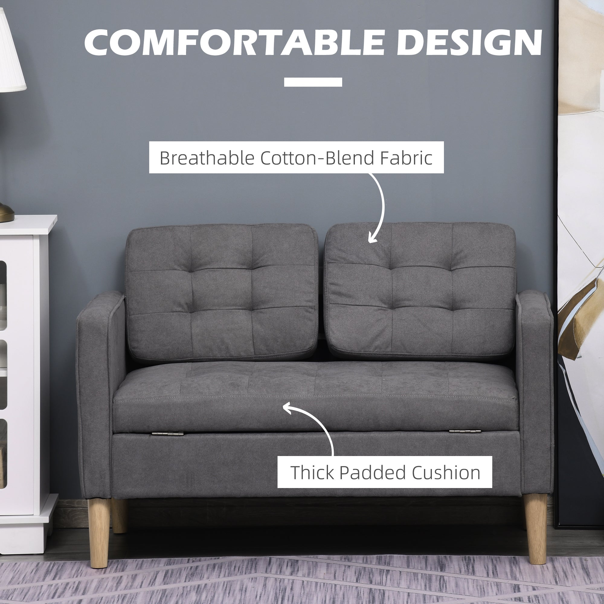 HOMCOM 2 Seater Storage Sofa, Fabric Couch with Hidden Under Seat Storage, Thick Cushions, Compact Space Saving Settee with Rubberwood Legs for Living Room, Apartment, Grey