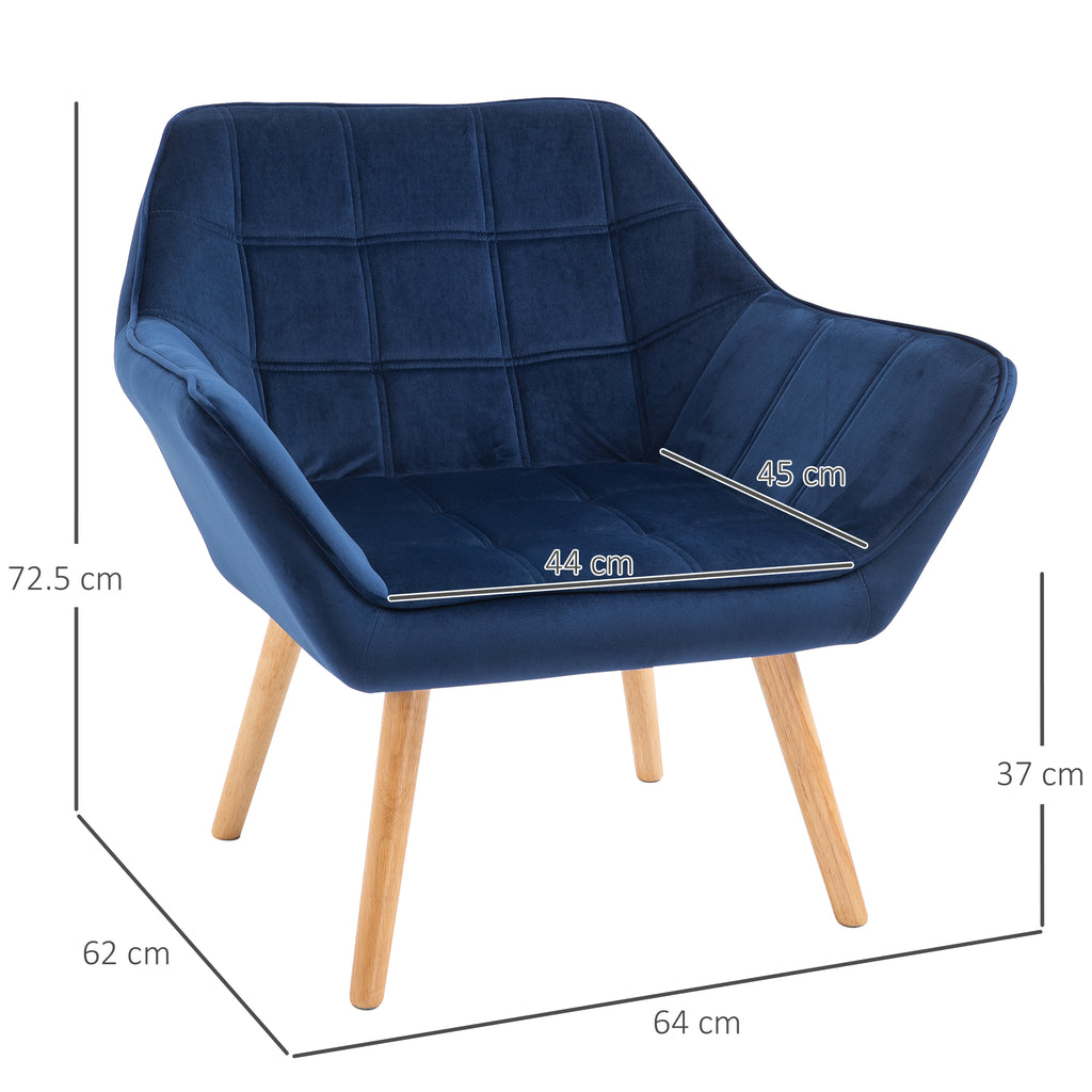 HOMCOM Accent Chair, Velvet Upholstered Vanity Tub Chair with Flared Armrests, Slanted Back, Solid Wood Legs, Comfy Padding Armchair, Home Bedroom Furniture Seating, Set of 2, Blue