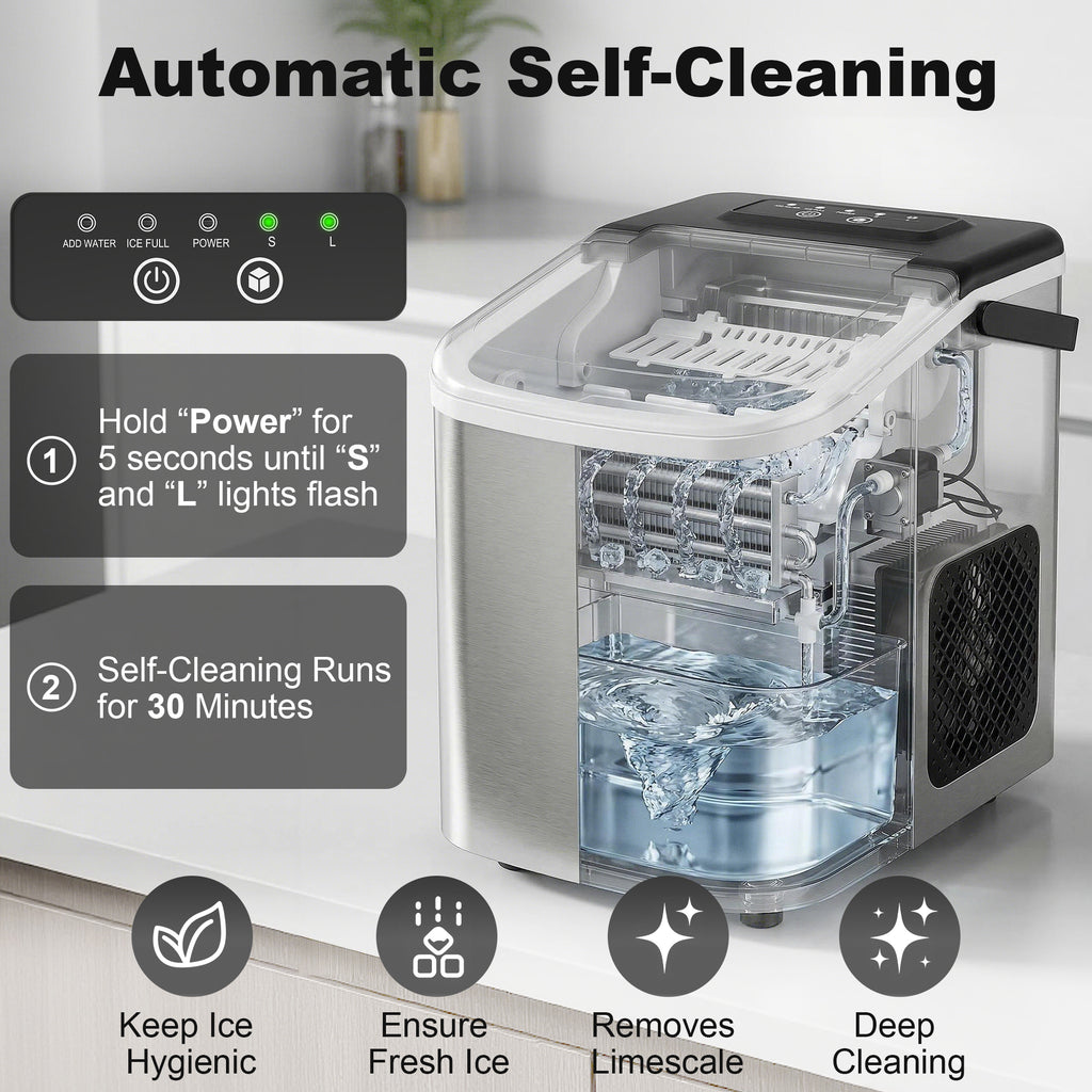 Ice Maker Machine Countertop, 9 Cubes Ready in 7 Mins, 12 KG in 24Hrs, 2 Sizes of Bullet, Self-Cleaning Ice Machine with Handle, Scoop & Basket for Home Kitchen Office RV, Stainless Steel
