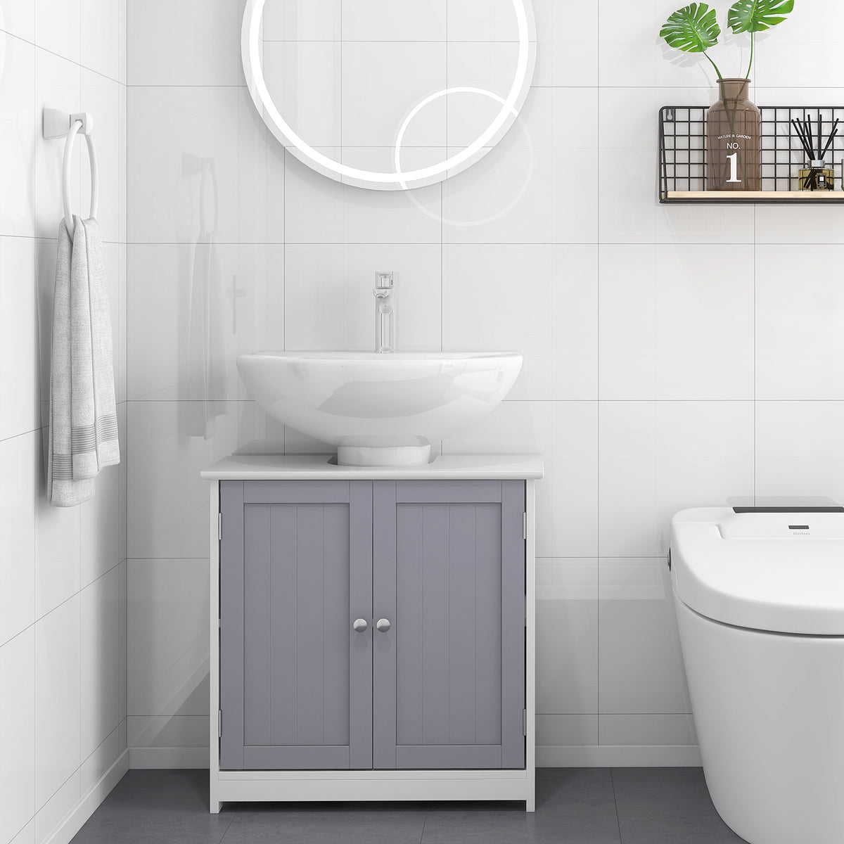kleankin 60x60cm Under-Sink Storage Cabinet w/ Adjustable Shelf Handles Drain Hole Bathroom Cabinet Space Saver Organizer White and Grey