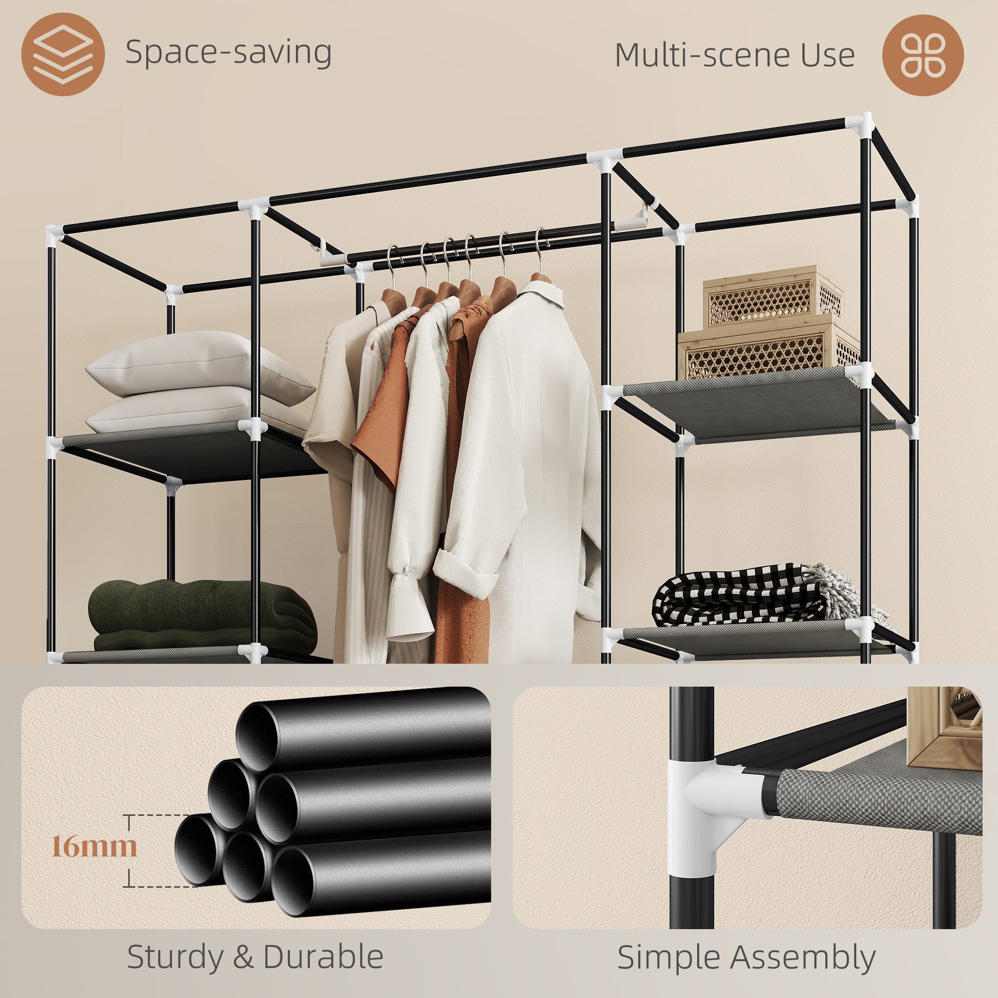 Clothes Storage Organiser with Hanging Rail, Shelves, Portable Wardrobe, Foldable Fabric Wardrobe, Dark Grey
