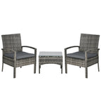 Outsunny 3 Pieces Rattan Bistro Set, Wicker Garden Furniture Set with Glass Top Coffee Table and Chairs, Washable Cushions for Outdoor, Patio, Balcony, Mixed Grey