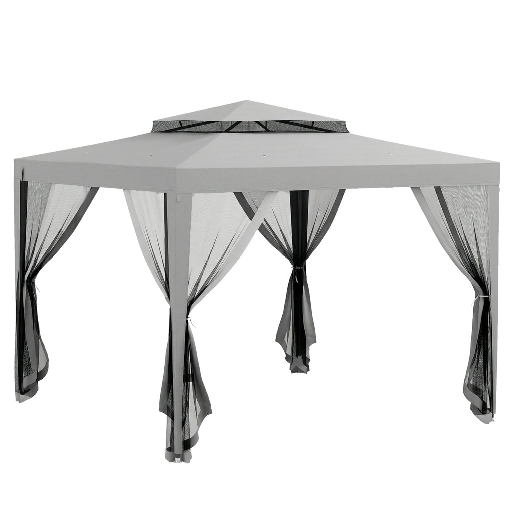 Outsunny 3 x 3 m Gazebo, Netting Party Tent, Patio Canopy Outdoor Event Shelter with Double Tier Roof, Light Grey