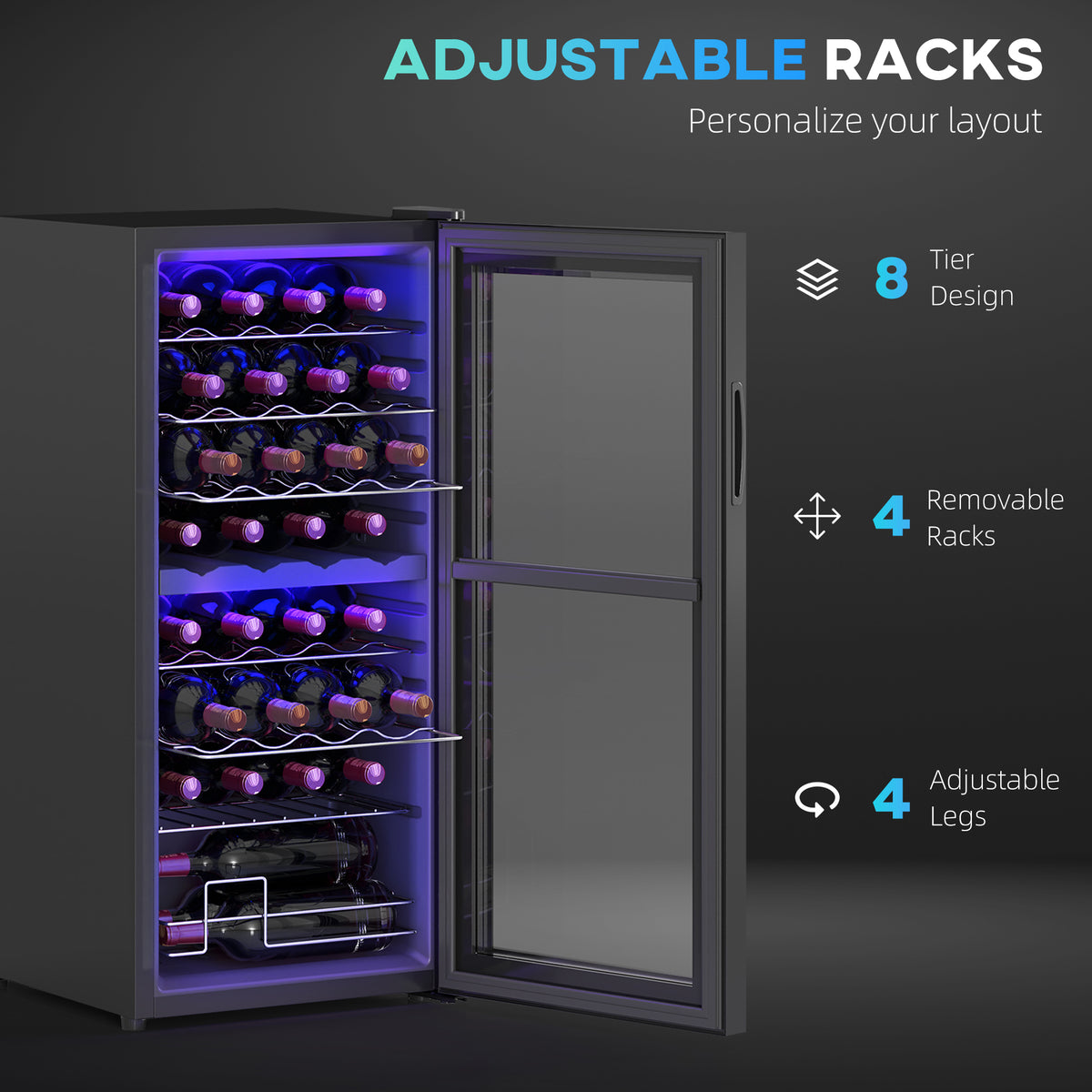 32-Bottle Narrow Wine Fridge, with Lights - Black