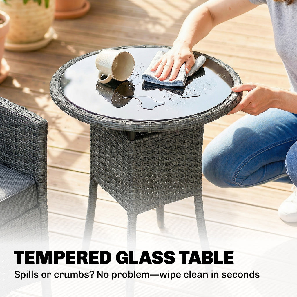 Outsunny Rattan Bistro Set, Reclining Garden Chairs and Glass Coffee Table with Cushions for Patio Balcony Porch, Grey