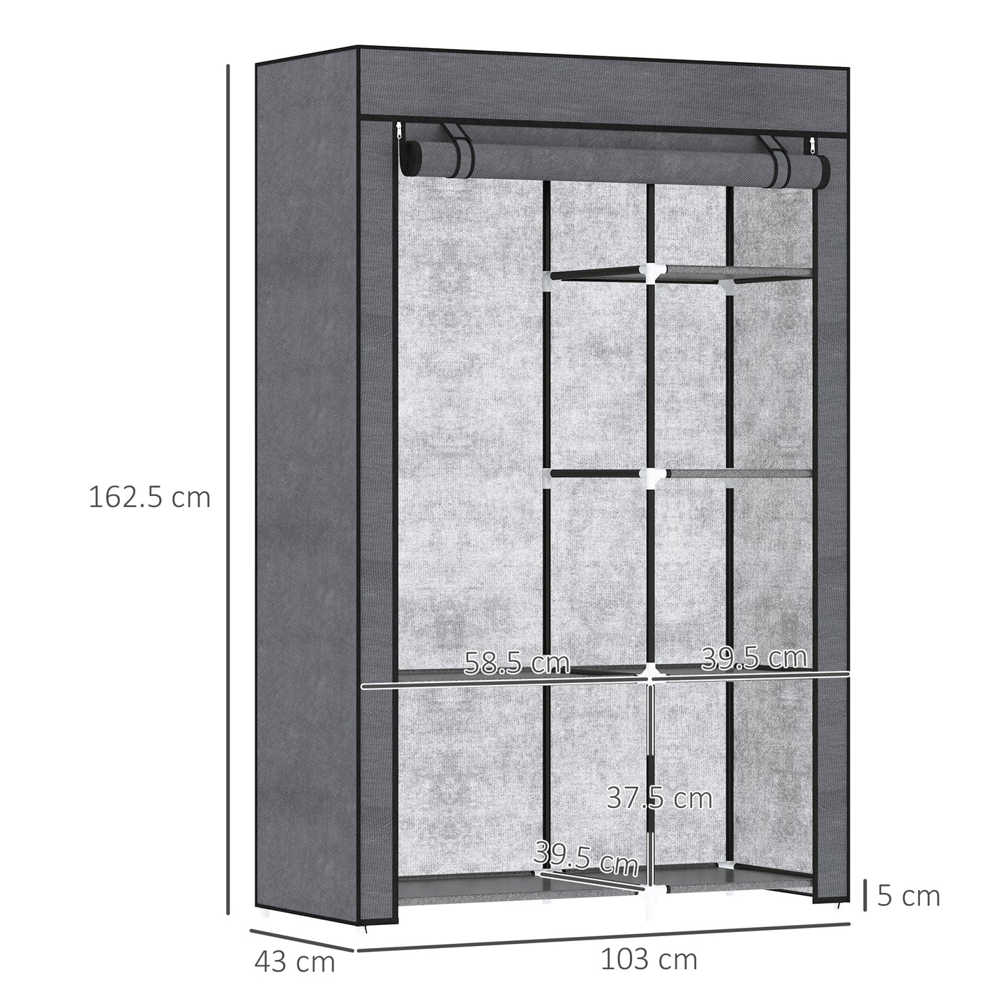 Fabric Wardrobe w/ Shelves Hanging Rail Foldable Wardrobe Dark Grey
