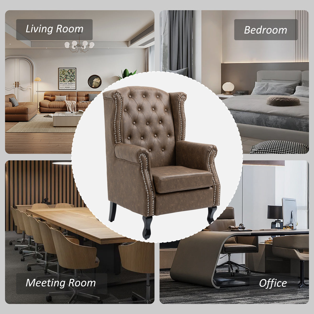 Wingback Accent Chair Tufted Chesterfield-style Armchair with Nail Head Trim for Living Room Bedroom Brown
