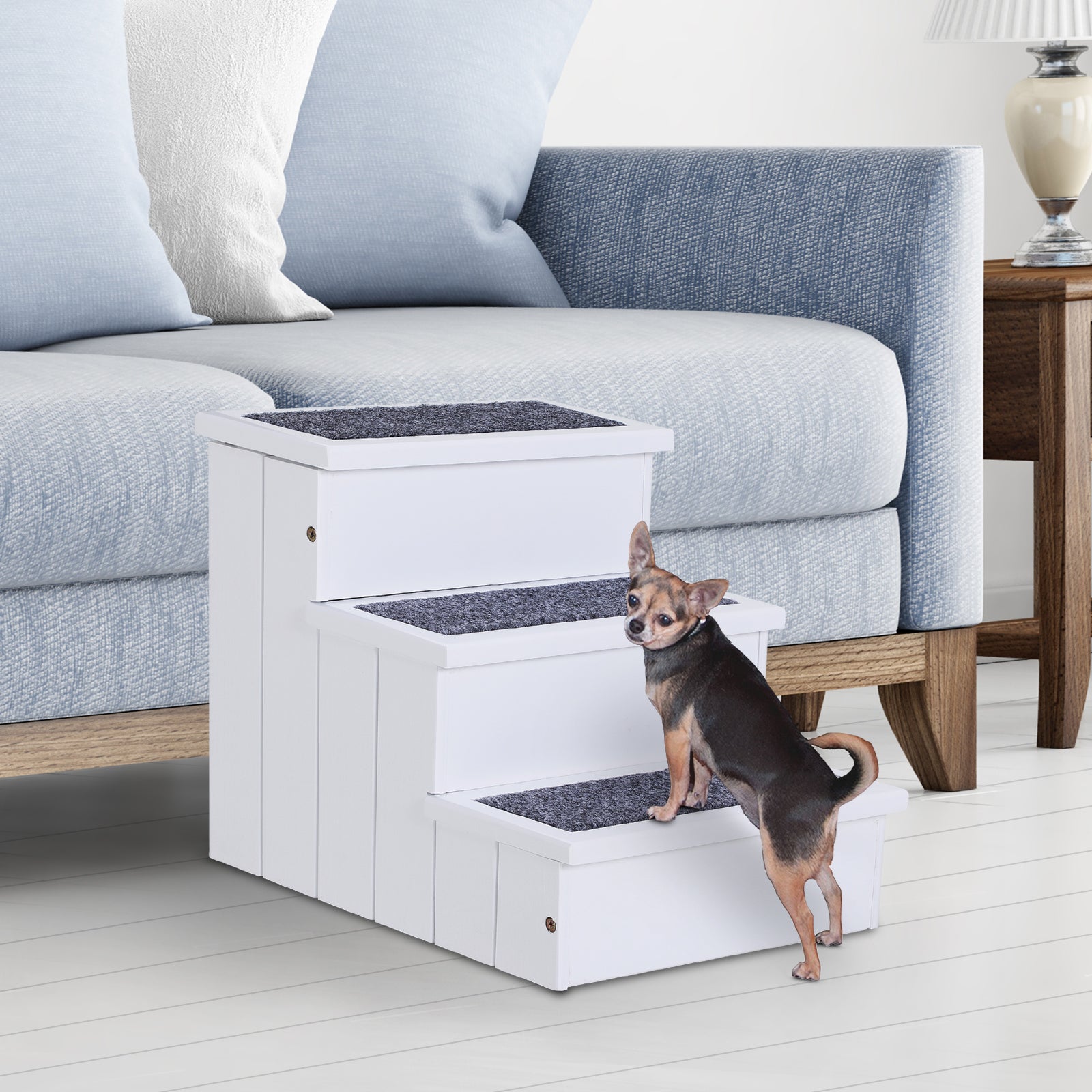 PawHut Dog Steps for Bed Sofa, 3 Step Wooden Dog Stairs for Sofa, Pet Stairs with Storage for Small Cats and Puppy, White