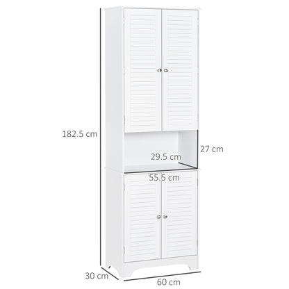 Tall Freestanding Bathroom Cabinet Retro Shutters w/ 3 Compartments Shelves Elevated Base Narrow Organiser White 60L x 30W x 182.5H cm