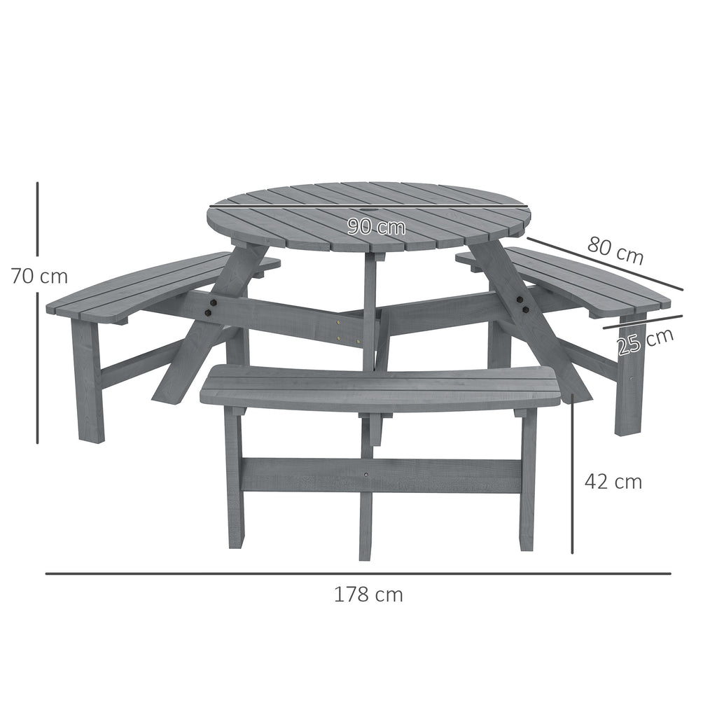 Outsunny Wooden Garden Dining Set, 6 Seater Round Dining Picnic Table with Matching Bench, Garden Furniture Set with Parasol Hole for Outdoor Patio Party and Family Gatherings, Grey