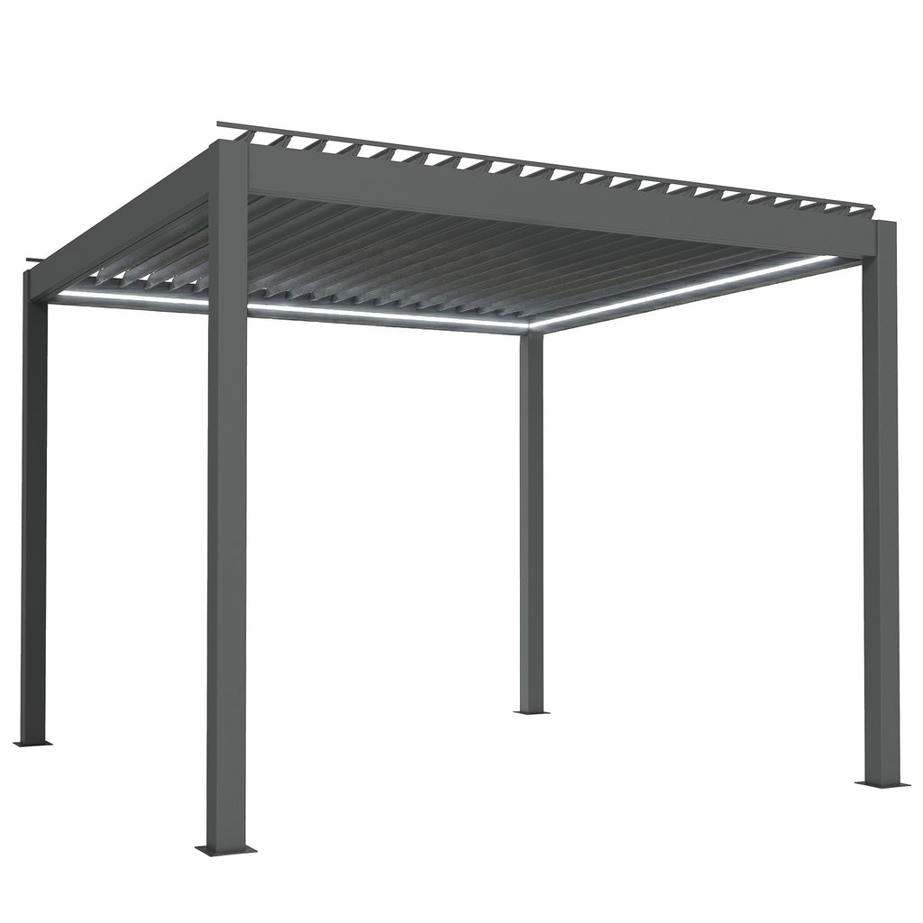 Outsunny 3 x 3(m) Electric Louvered Pergola with LED Lights, Aluminium Pergola Hardtop Gazebo with Remote, Adjustable Roof and Drainage System, Water and UV Proof