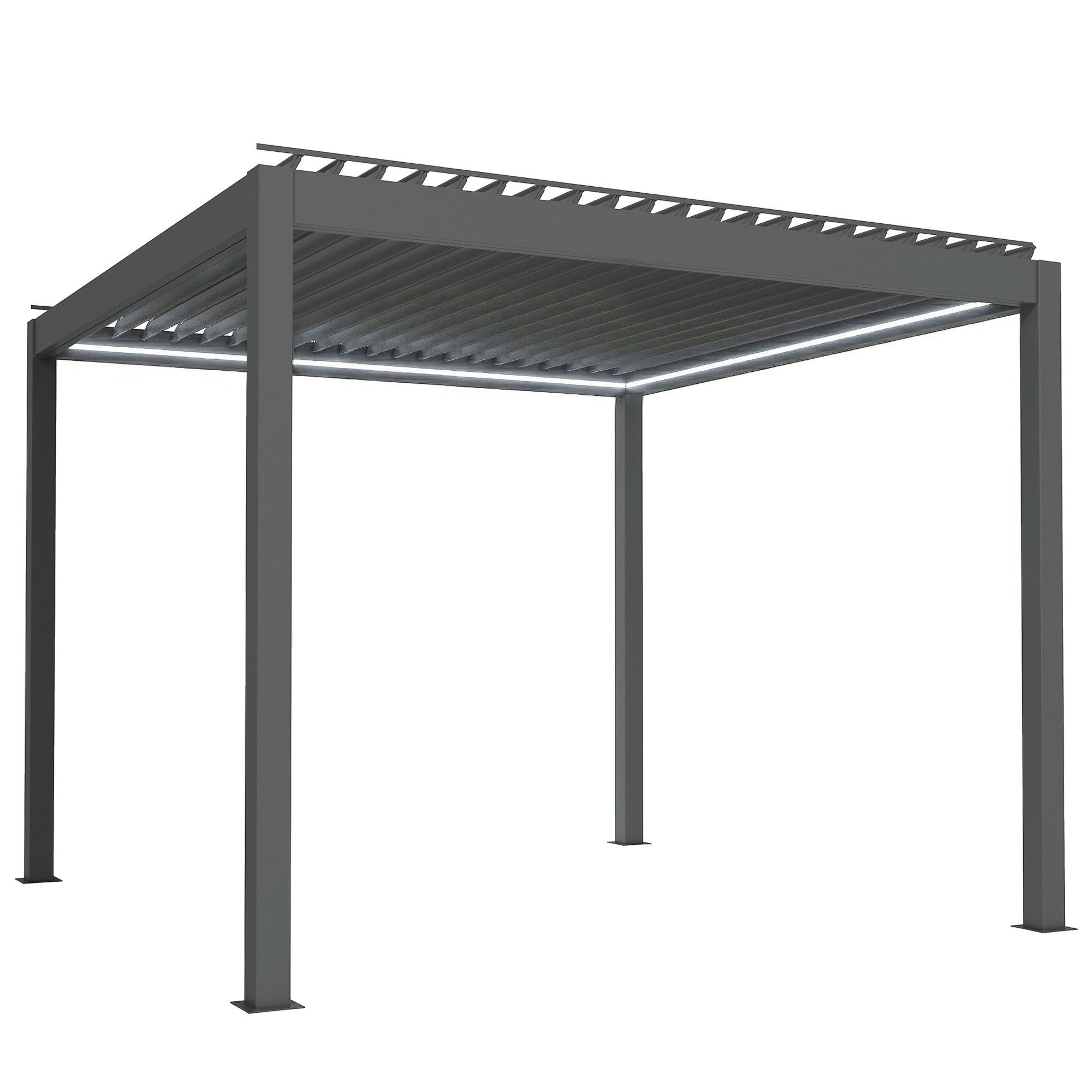 Outsunny 3 x 3(m) Electric Louvered Pergola with LED Lights, Aluminium Pergola Hardtop Gazebo with Remote, Adjustable Roof and Drainage System, Water and UV Proof