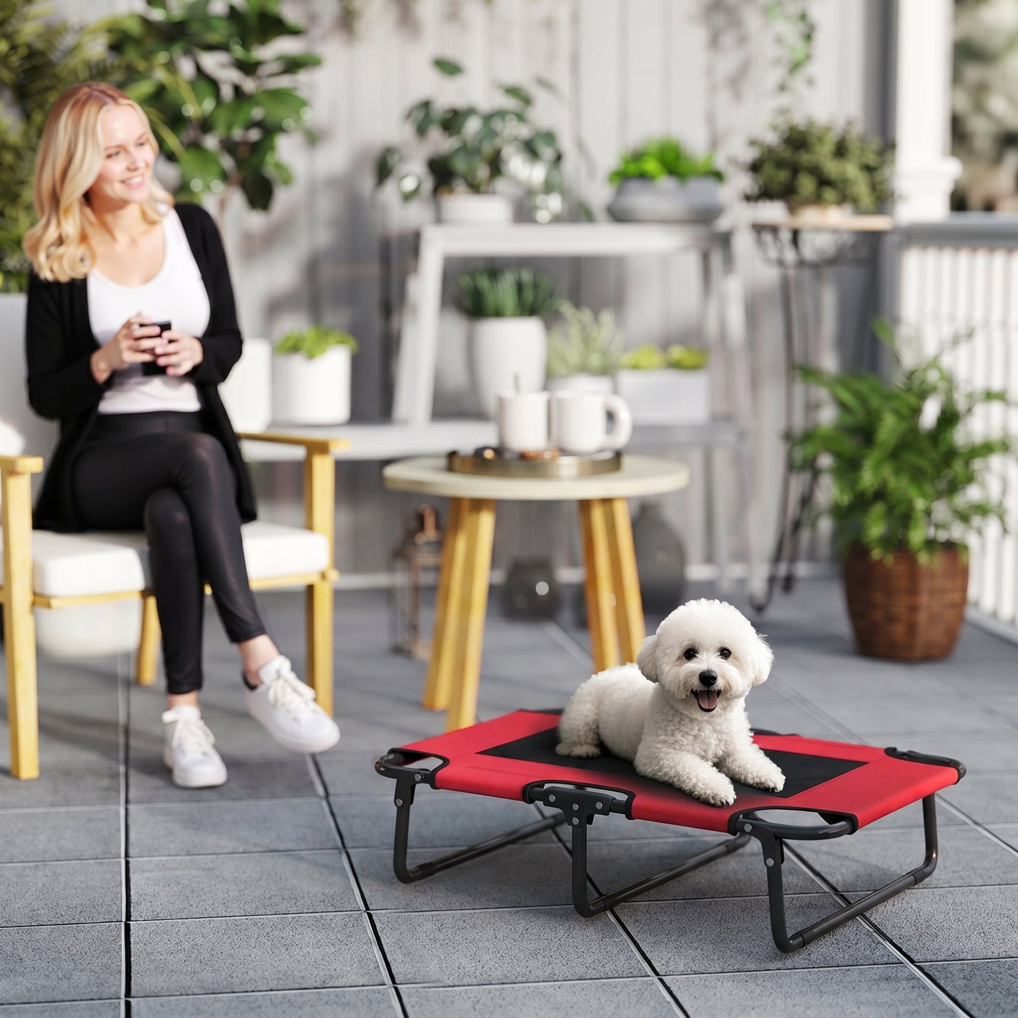 PawHut Portable Raised Dog Bed, Elevated Pet Cot with Breathable Mesh for Indoor Outdoor, for Small Medium Dogs, Red