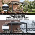 Outsunny 3 x 3 m Louvered Pergola with LED Lights, Metal Louvres, Wall Mounted Aluminium Patio Gazebo Pergola, Dark Grey