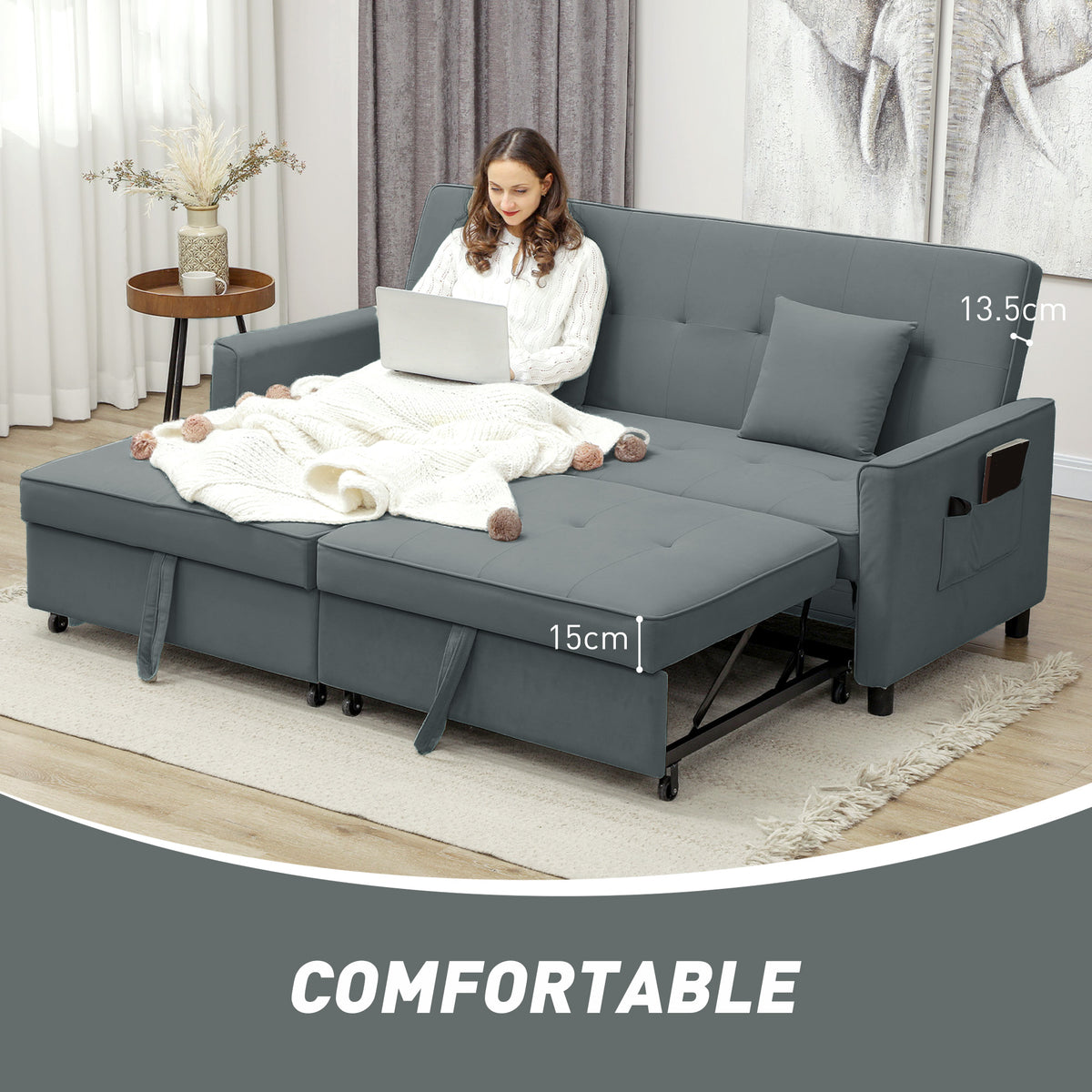 3 Seater Velvet Sofa Bed, Convertible Click-Clack Couch with Adjustable Backrest, Small Double Sleeper Sofa for Living Room & Guests, Grey