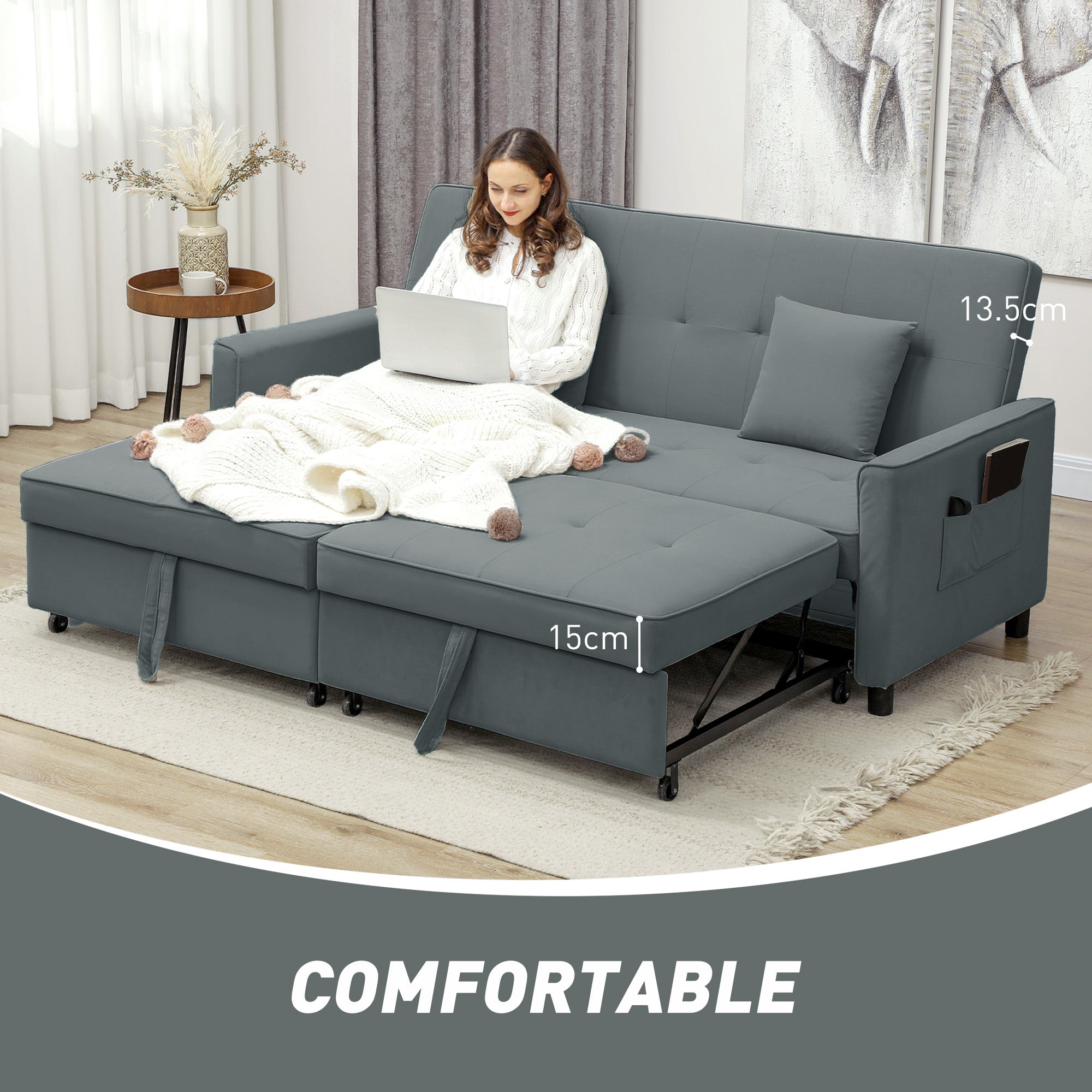HOMCOM 3 Seater Velvet Sofa Bed, Convertible Click-Clack Couch with Adjustable Backrest, Small Double Sleeper Sofa for Living Room & Guests, Grey