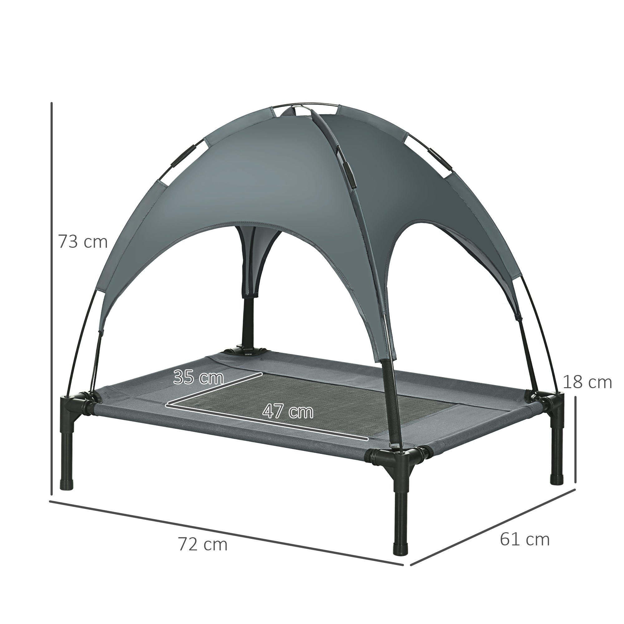 PawHut Outdoor Dog Bed with Removable Canopy, Portable Raised Dog Bed for Camping, Garden & Beach, Water-Resistant UV-Protection Mesh Pet Cot Sun Lounger, for Medium Pets, 76 x 61 x 73 cm, Grey