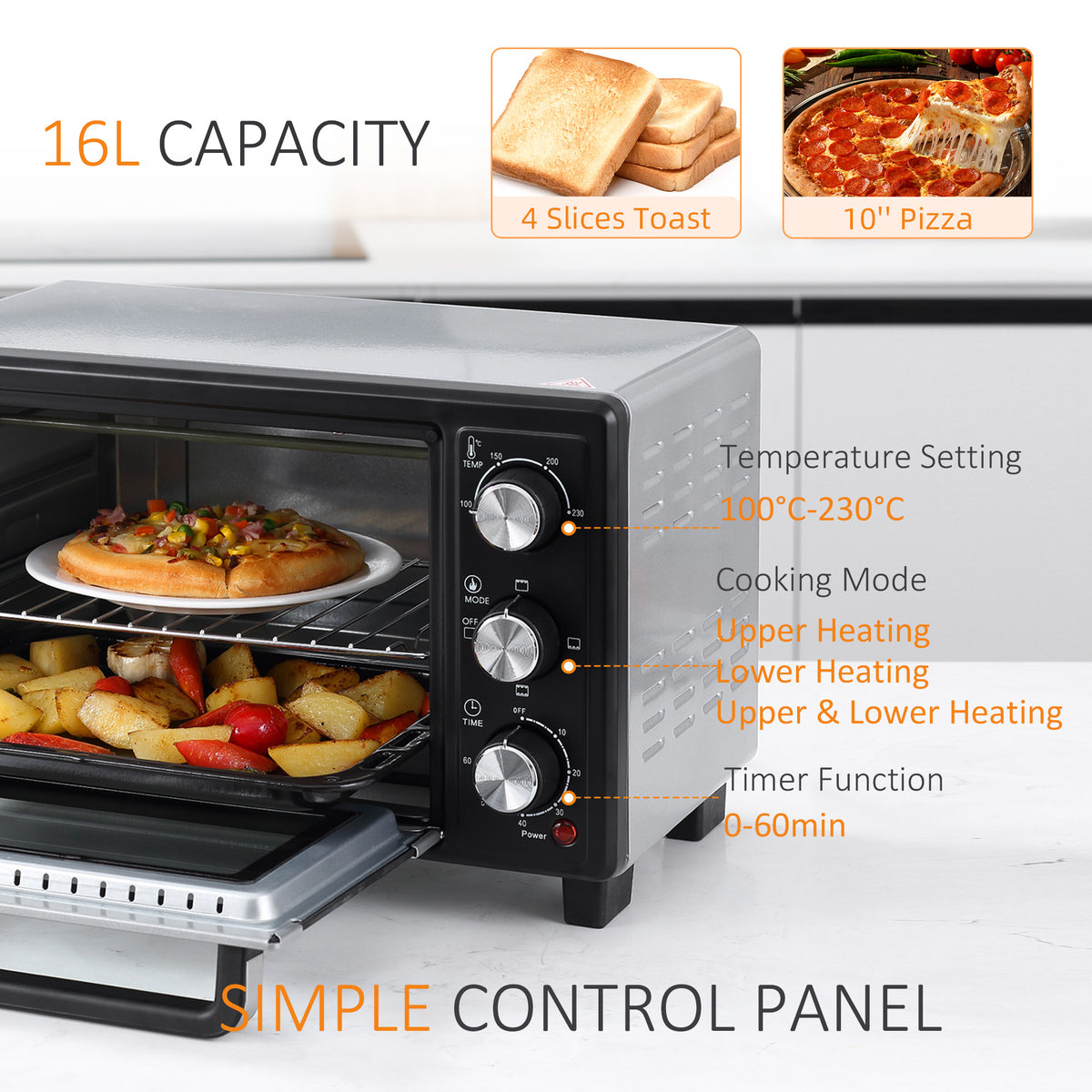 16L Mini 1400W Countertop Oven - Black/Silver Tone