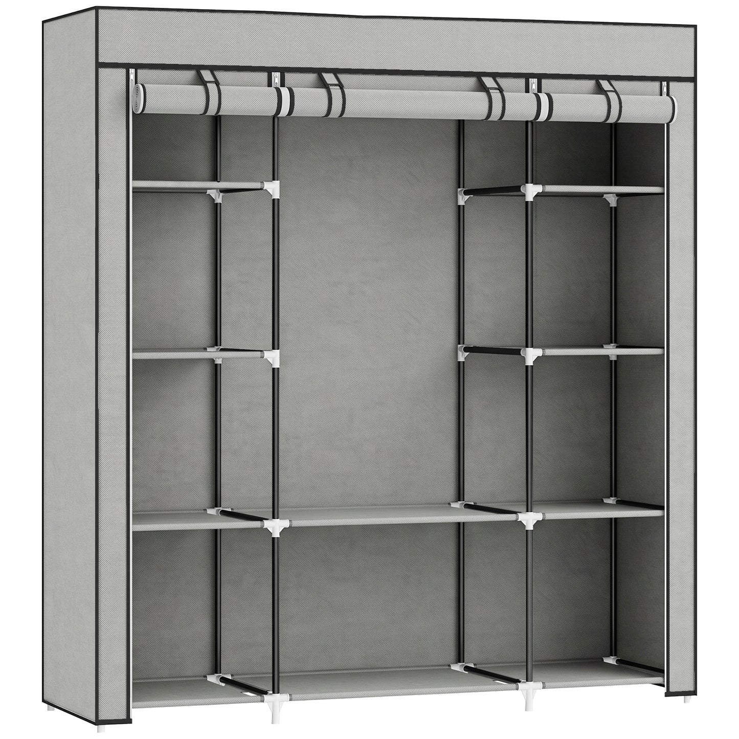 Clothes Storage Organiser with Hanging Rail, Shelves, Portable Wardrobe, Foldable Fabric Wardrobe, Light Grey