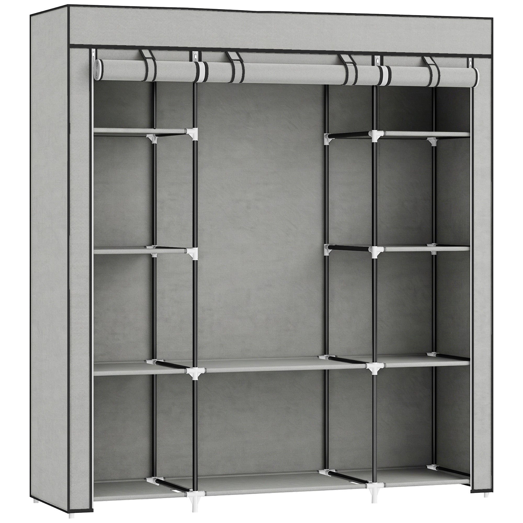 Clothes Storage Organiser with Hanging Rail, Shelves, Portable Wardrobe, Foldable Fabric Wardrobe, Light Grey